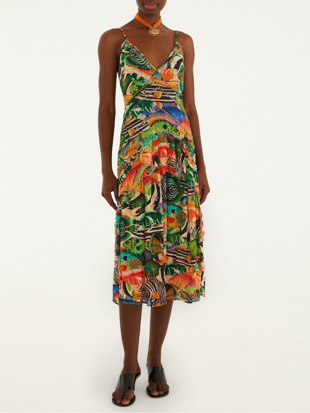 FARM Rio Multi-Color Tropical Midi Slip Dress fish sea